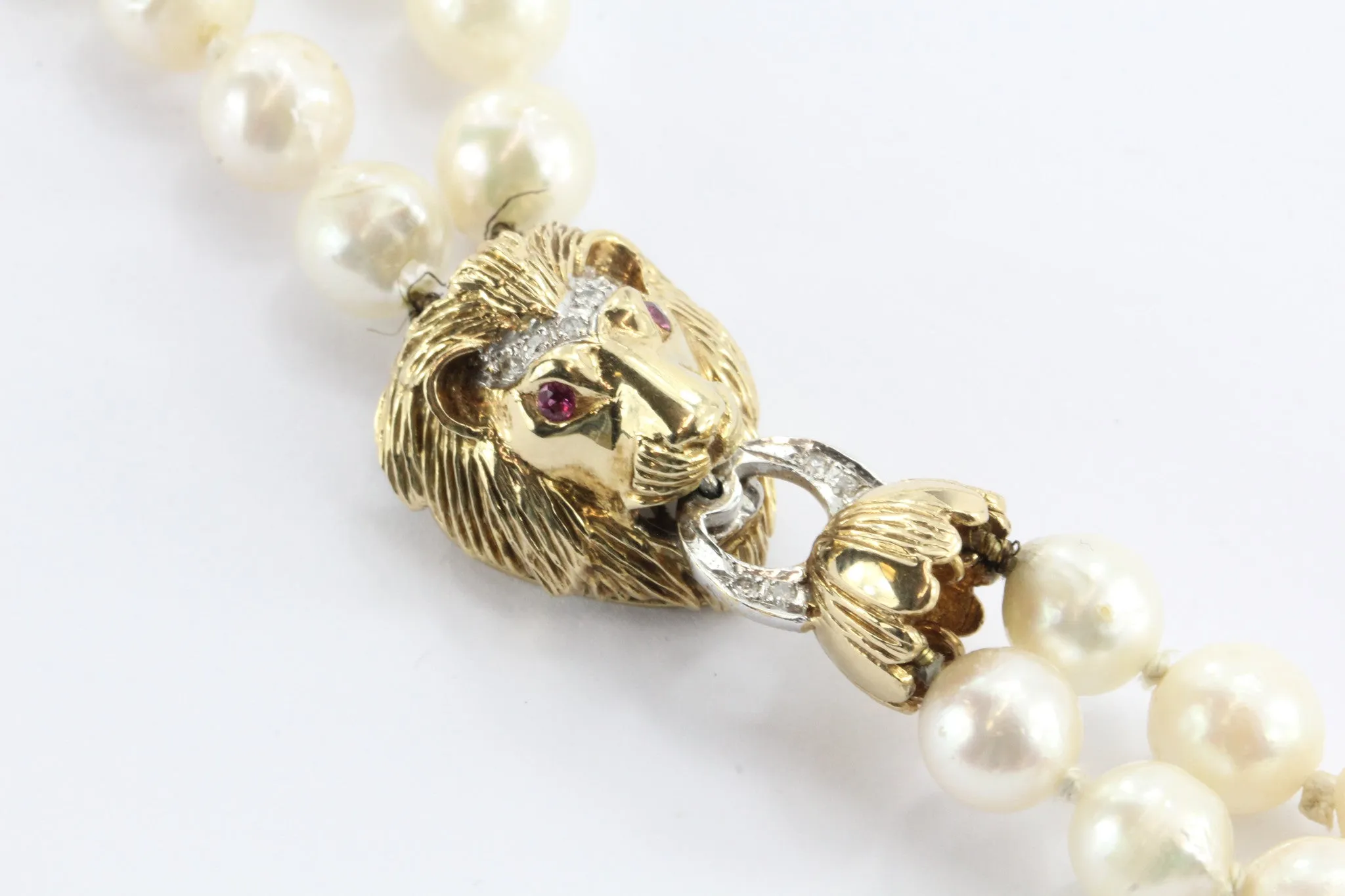 Antique 14K Gold Diamond & Ruby Lion Head Double Strand Pearl Necklace