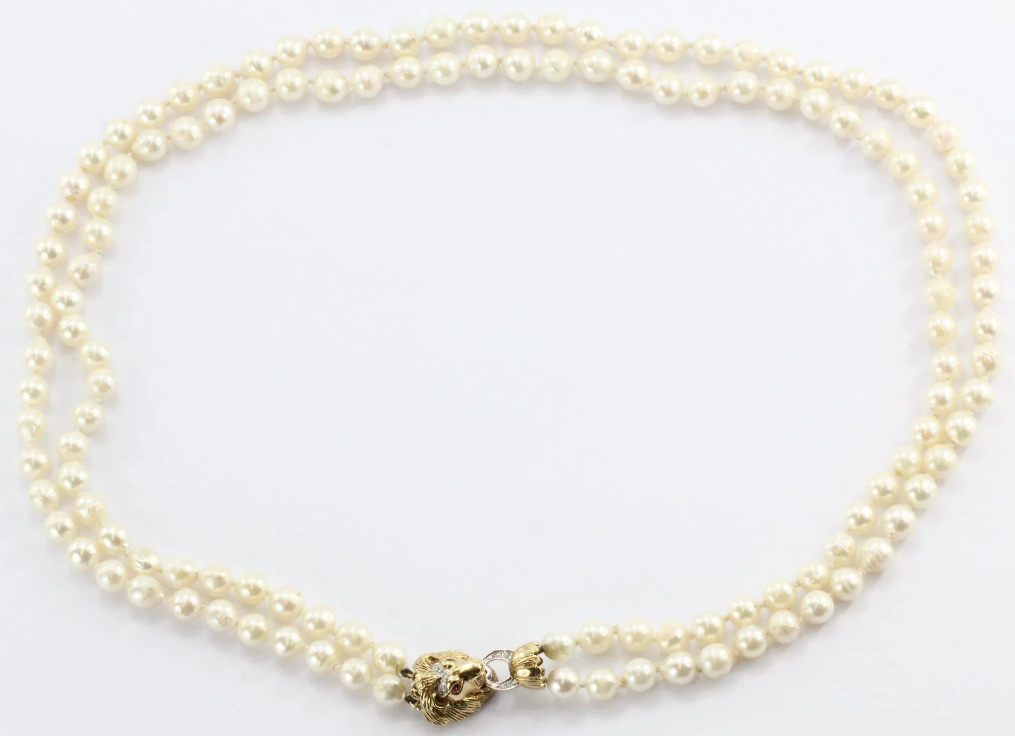 Antique 14K Gold Diamond & Ruby Lion Head Double Strand Pearl Necklace