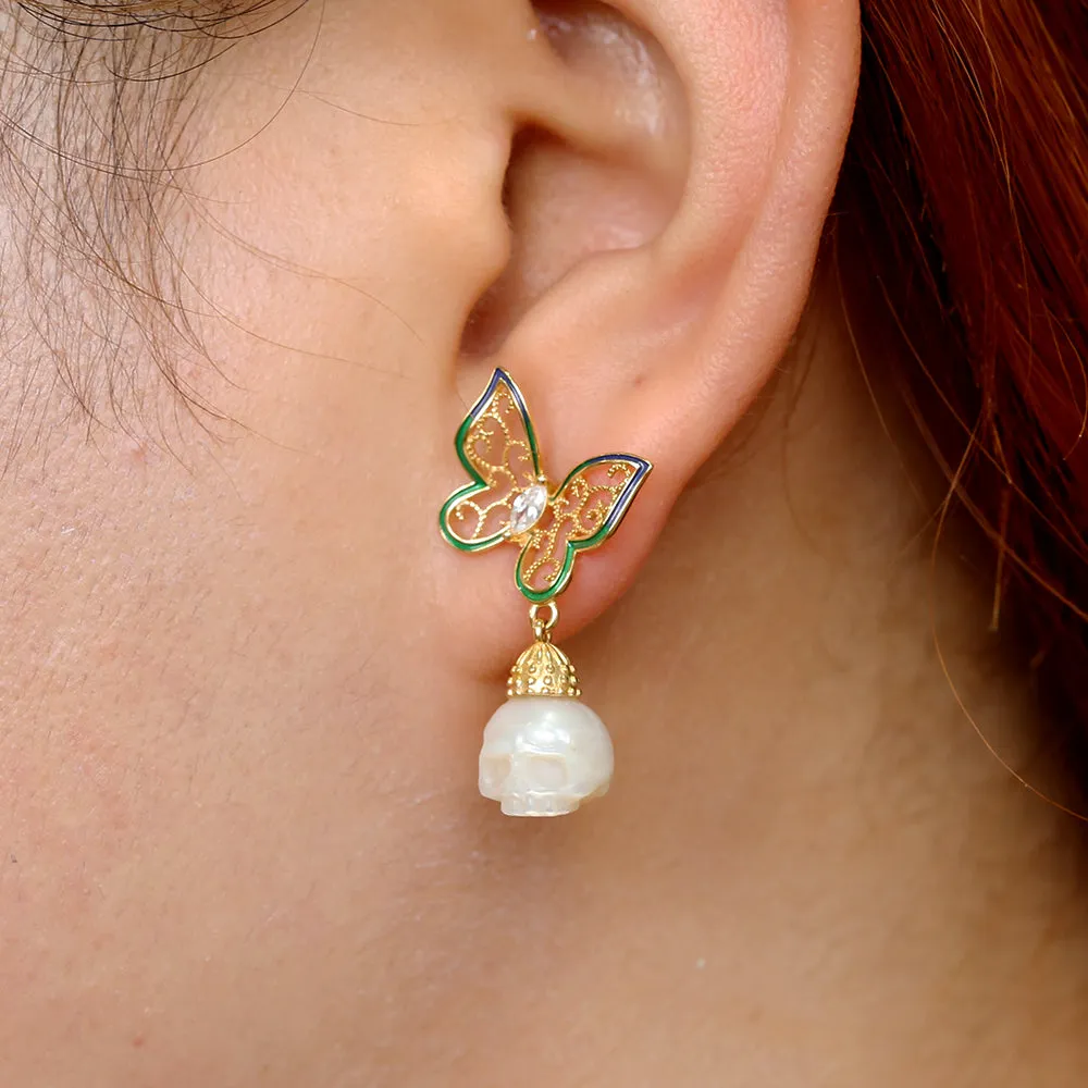 Antique Filigree Butterfly Zircon Pearl Skull Stud Earrings