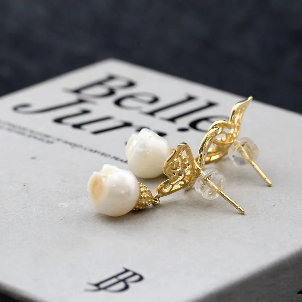 Antique Filigree Butterfly Zircon Pearl Skull Stud Earrings