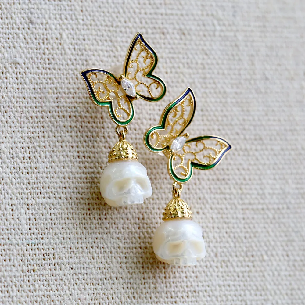 Antique Filigree Butterfly Zircon Pearl Skull Stud Earrings