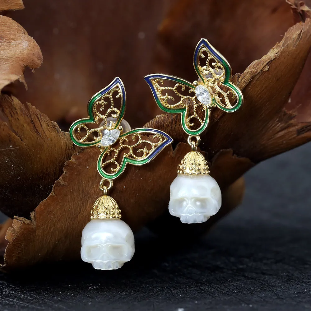 Antique Filigree Butterfly Zircon Pearl Skull Stud Earrings
