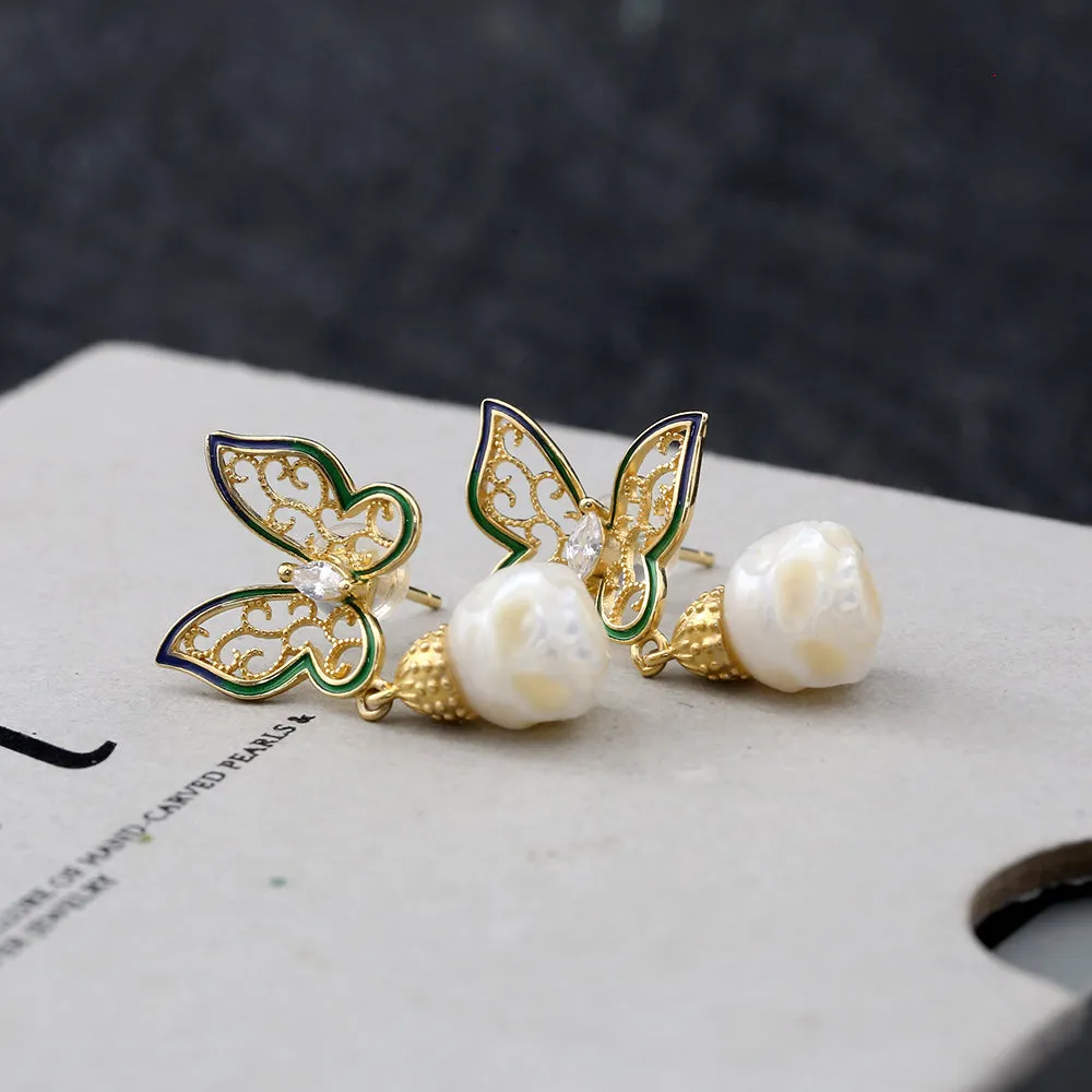 Antique Filigree Butterfly Zircon Pearl Skull Stud Earrings