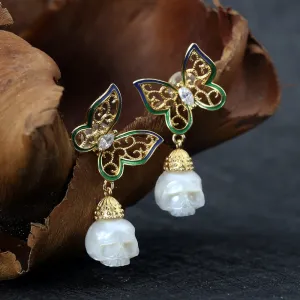 Antique Filigree Butterfly Zircon Pearl Skull Stud Earrings