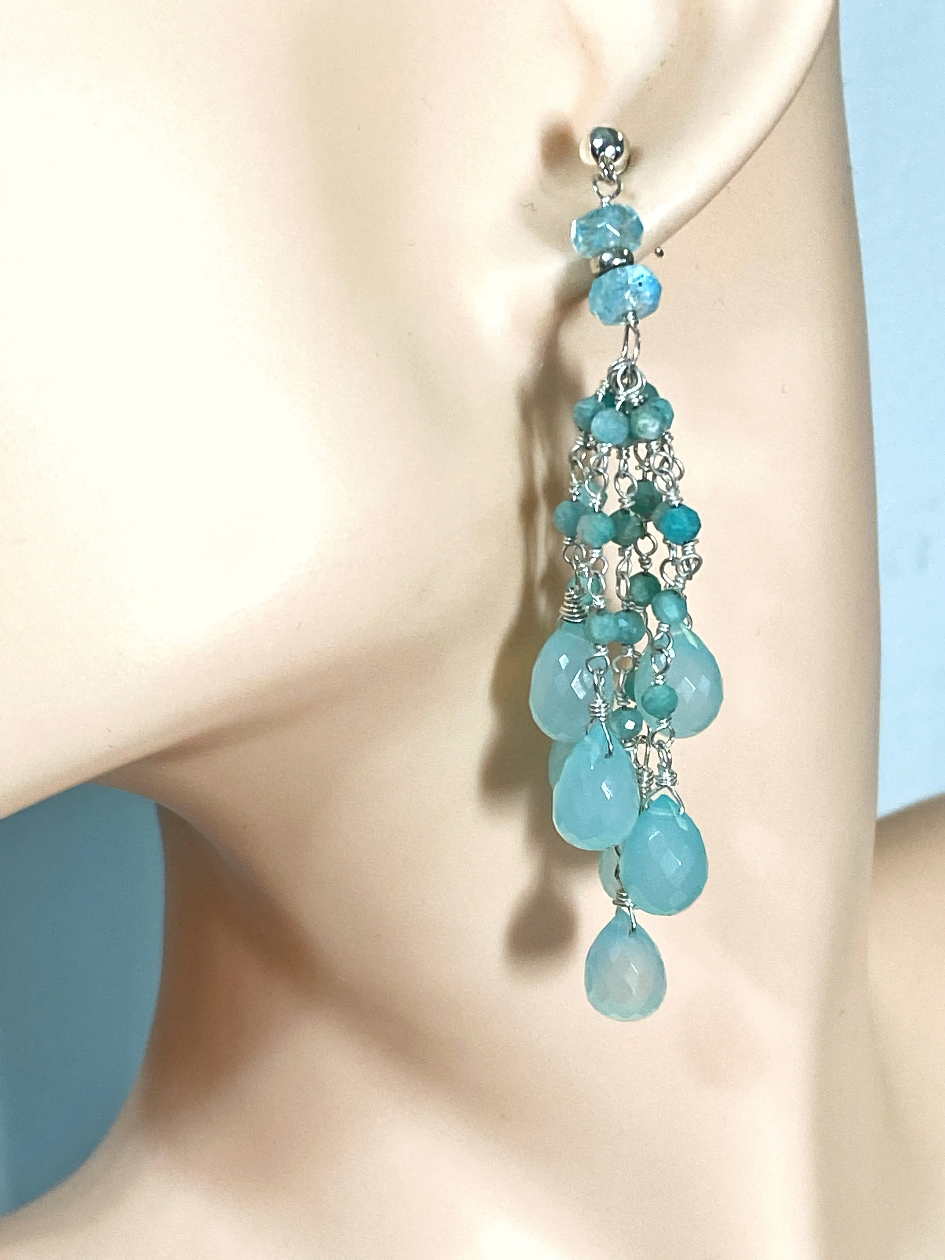 Aqua Chalcedony Amazonite Tassel Earrings