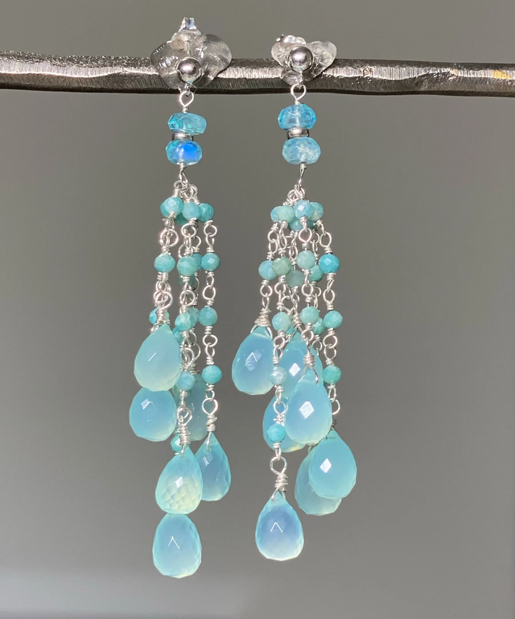 Aqua Chalcedony Amazonite Tassel Earrings