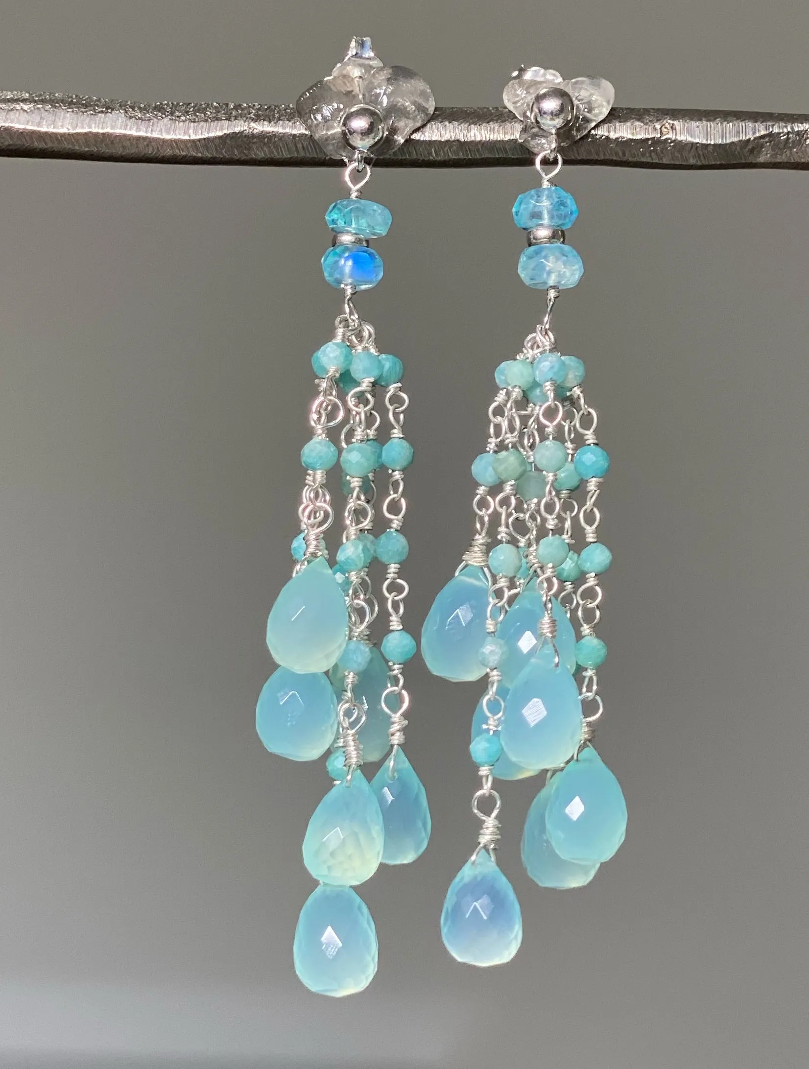 Aqua Chalcedony Amazonite Tassel Earrings