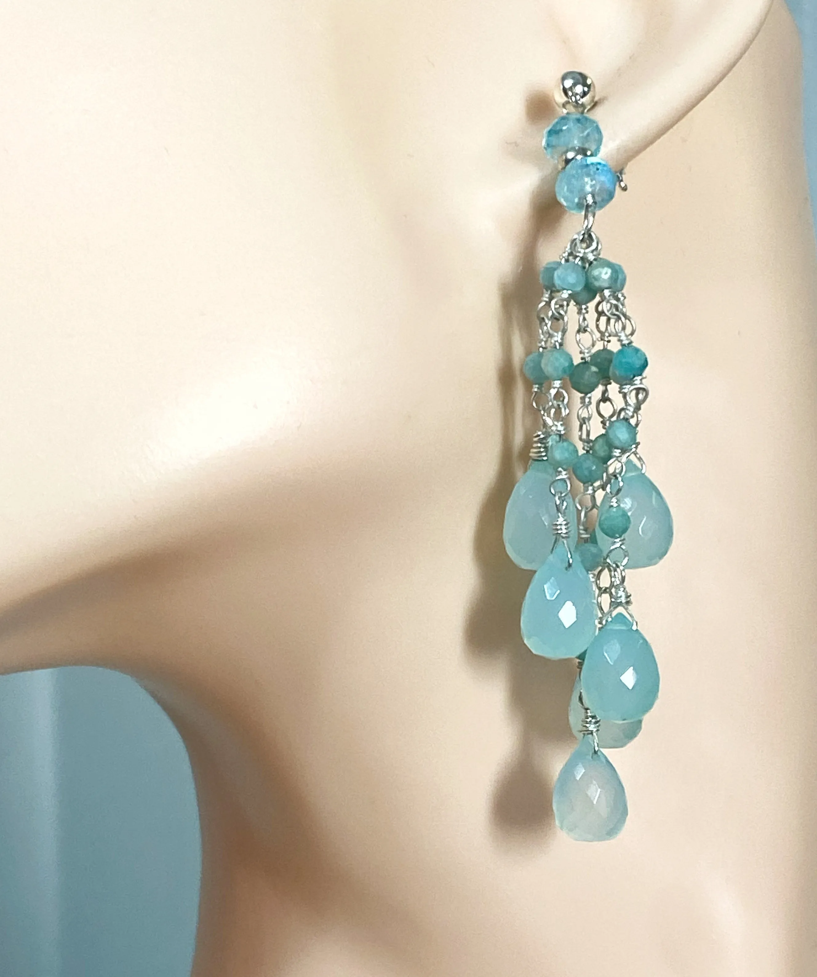 Aqua Chalcedony Amazonite Tassel Earrings