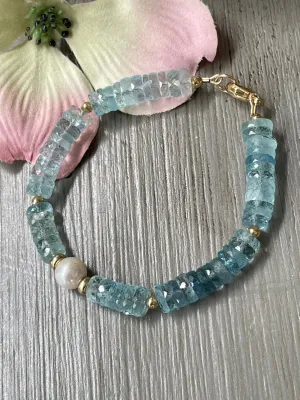 Aquamarine "Rock Candy" and Freshwater Pearl Bracelet