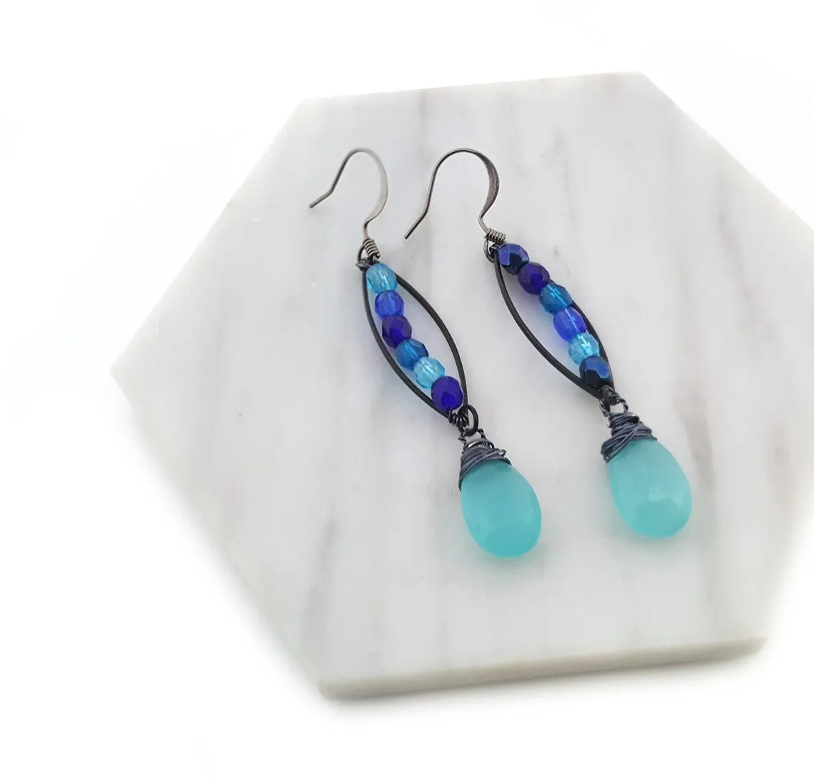 Aquamarine Wire Wrapped Earrings - Beaded Earrings - Black Wire Wrapped Briolette