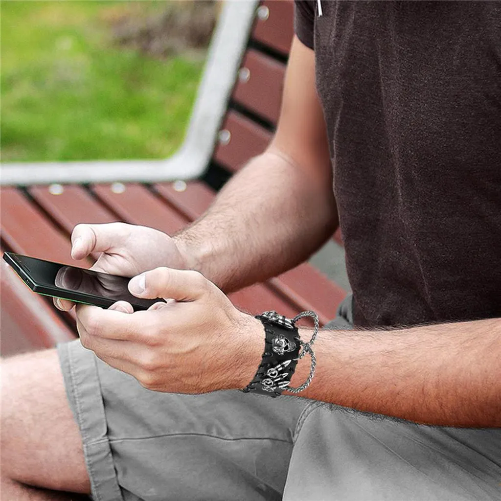Awesome Punk Rock Black Wide Skull Leather Bracelet