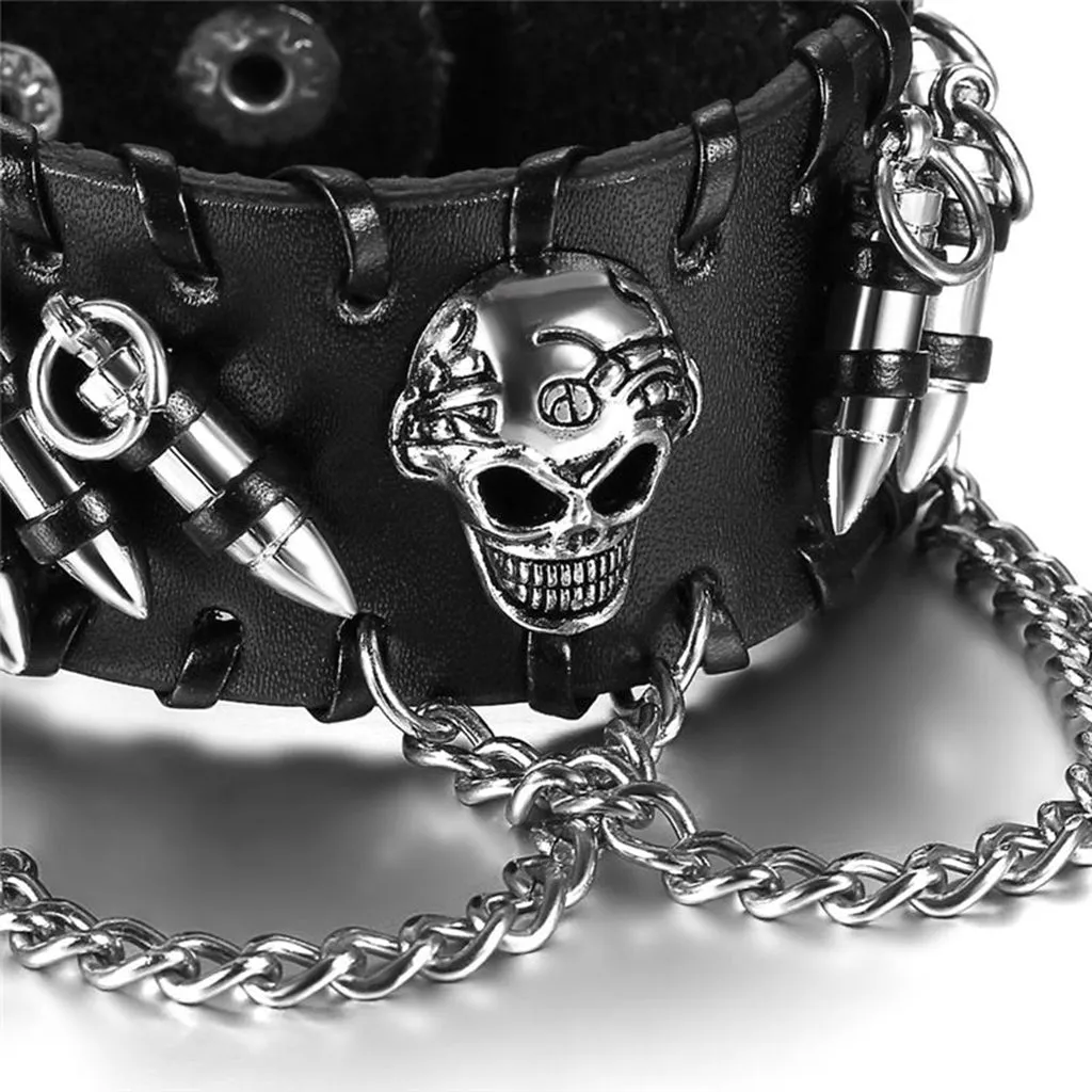Awesome Punk Rock Black Wide Skull Leather Bracelet