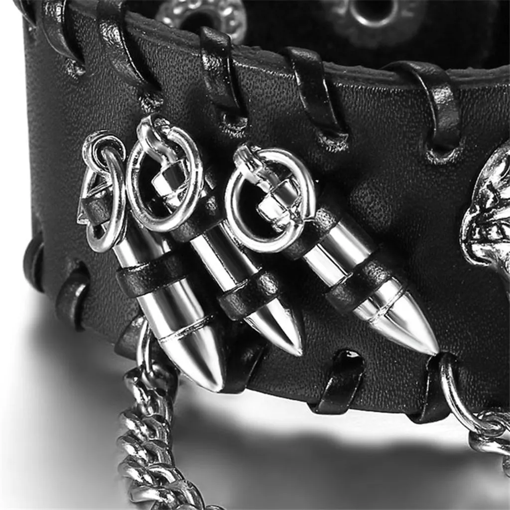 Awesome Punk Rock Black Wide Skull Leather Bracelet