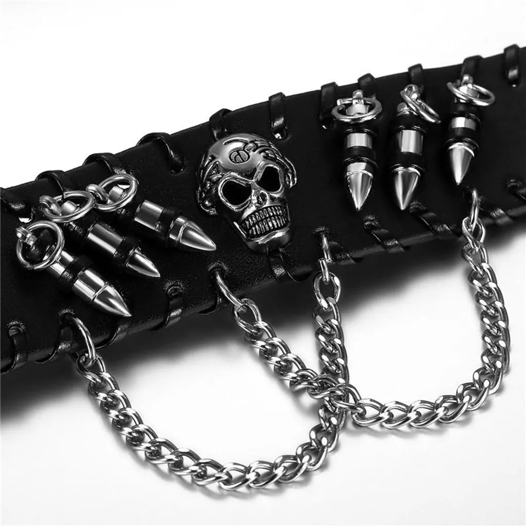 Awesome Punk Rock Black Wide Skull Leather Bracelet