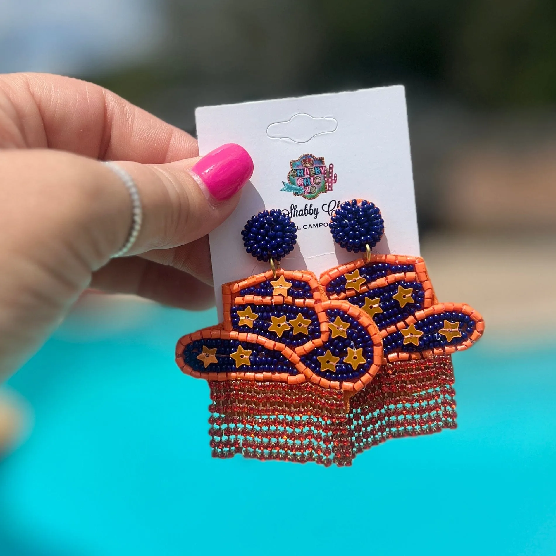 Beaded Navy and Orange Hat Earrings