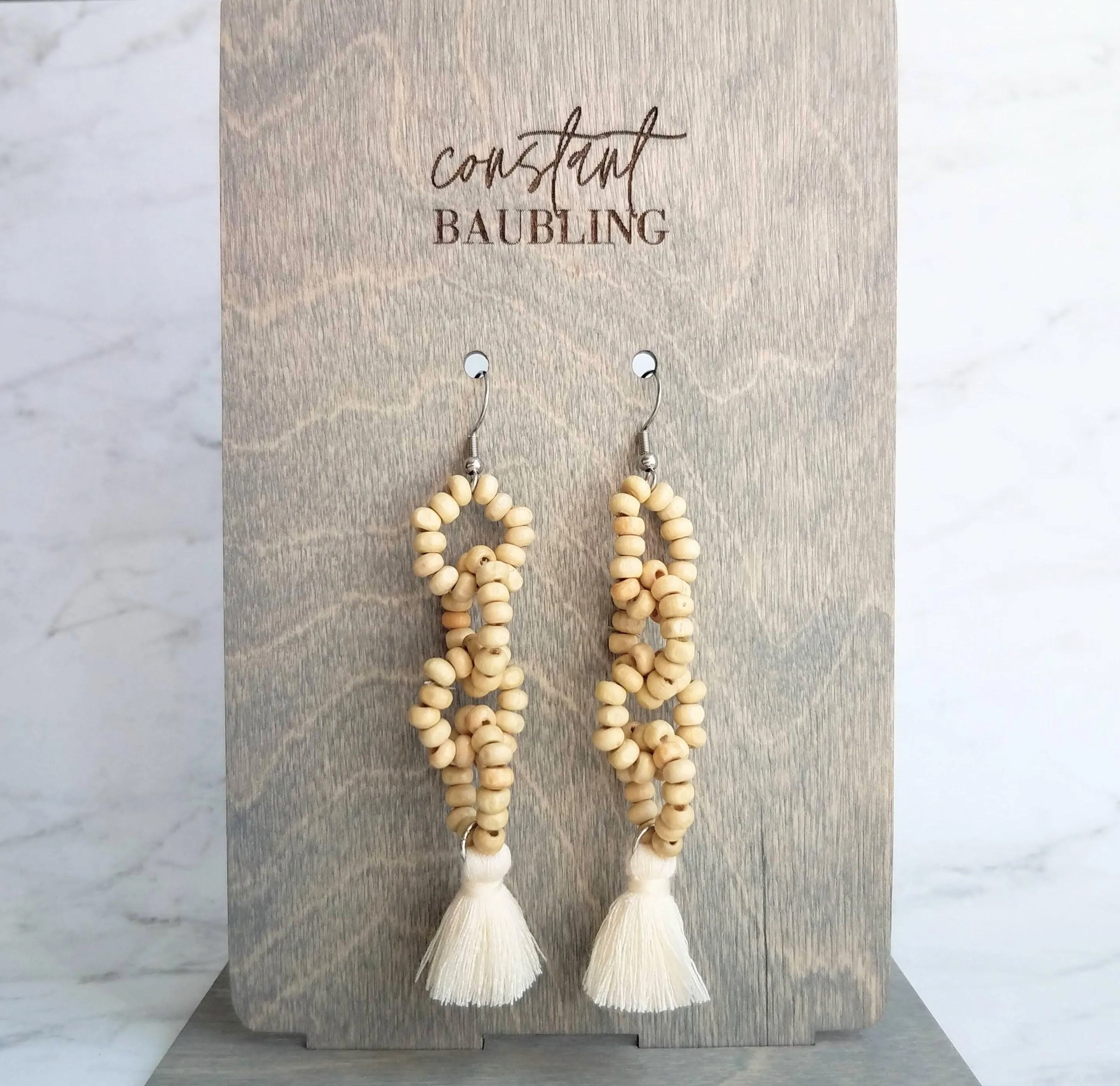 Beaded Tassel Earrings, wood bead earring, natural color wooden bead earring, connected loops, hypoallergenic stainless steel, tropical