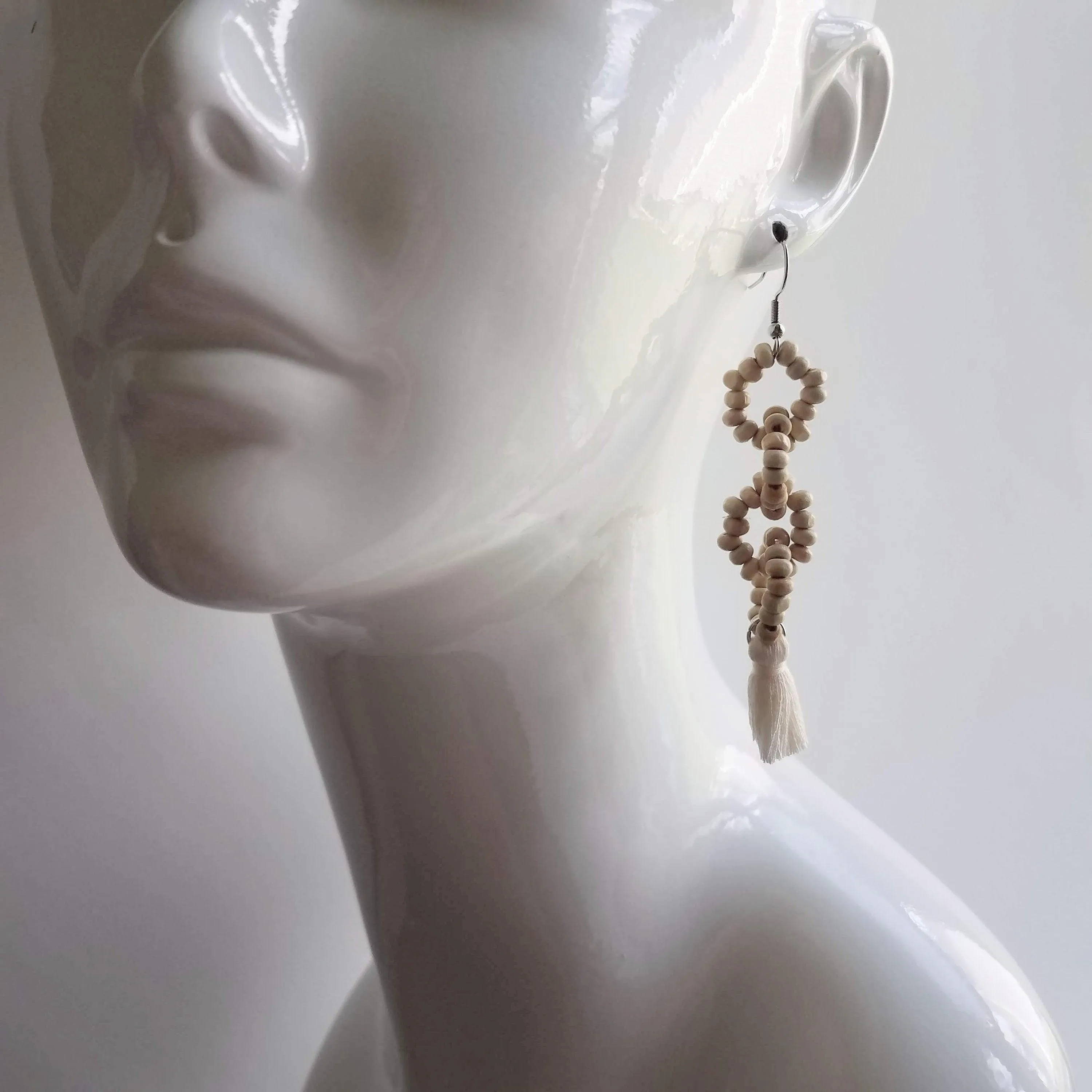 Beaded Tassel Earrings, wood bead earring, natural color wooden bead earring, connected loops, hypoallergenic stainless steel, tropical