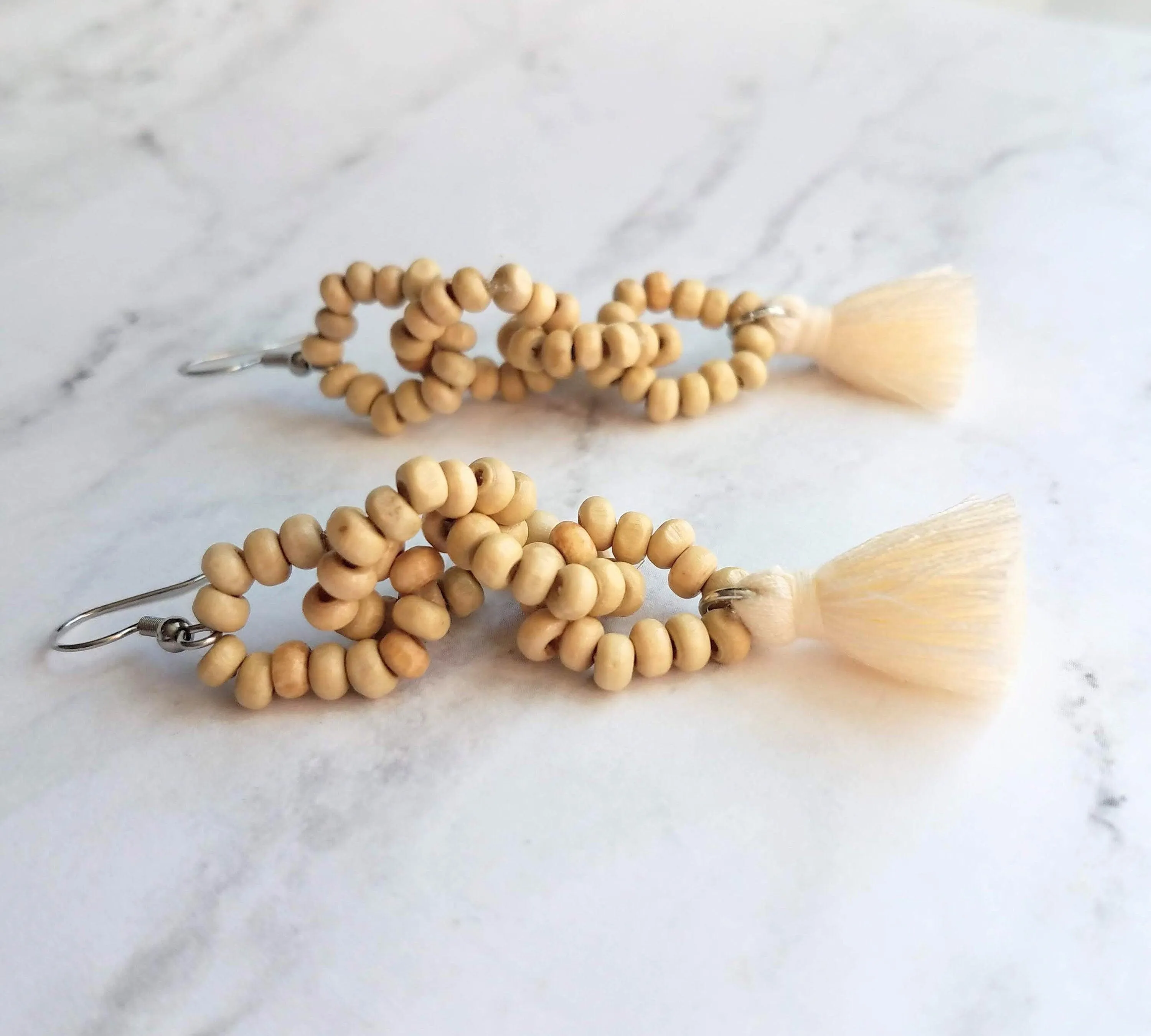 Beaded Tassel Earrings, wood bead earring, natural color wooden bead earring, connected loops, hypoallergenic stainless steel, tropical