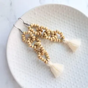 Beaded Tassel Earrings, wood bead earring, natural color wooden bead earring, connected loops, hypoallergenic stainless steel, tropical