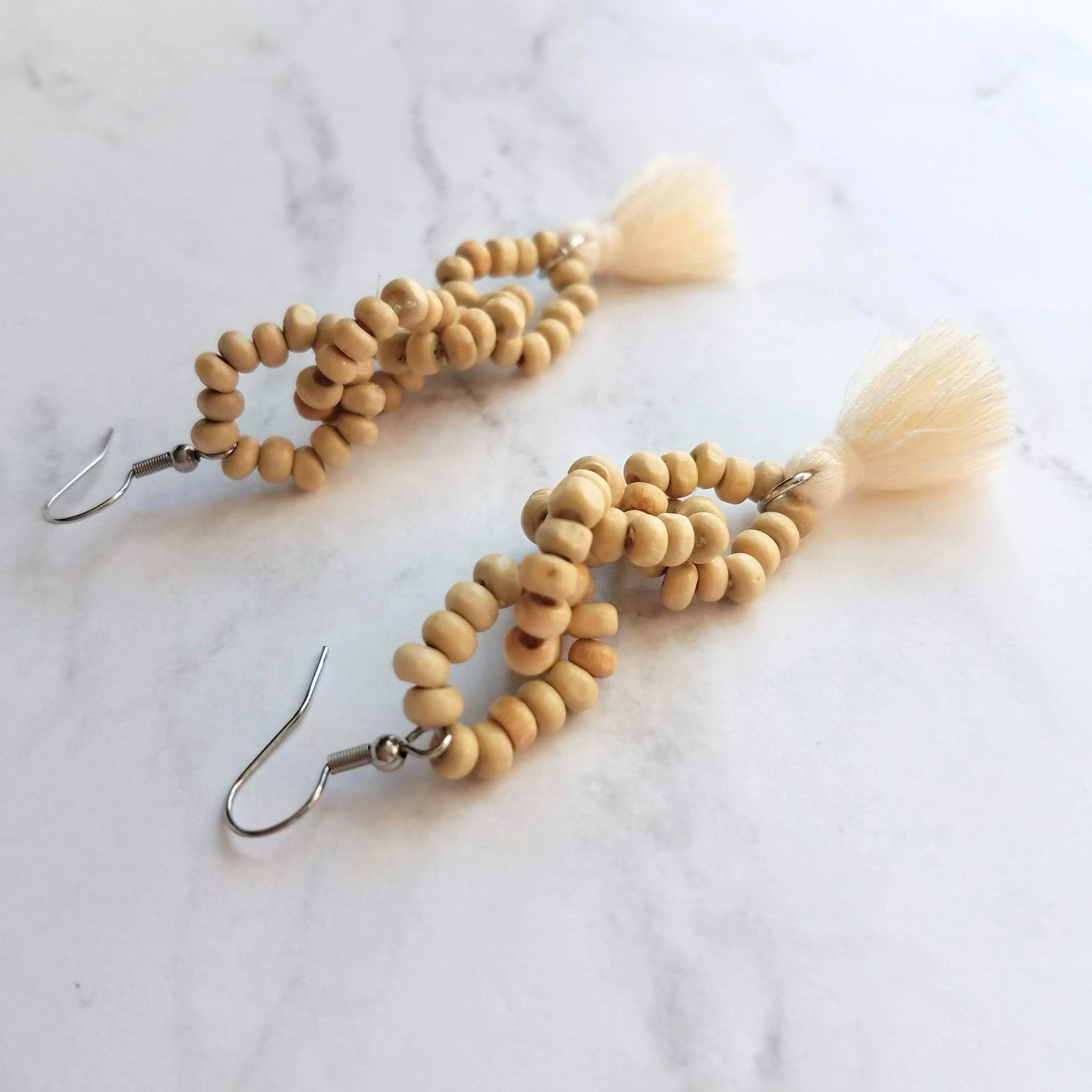 Beaded Tassel Earrings, wood bead earring, natural color wooden bead earring, connected loops, hypoallergenic stainless steel, tropical