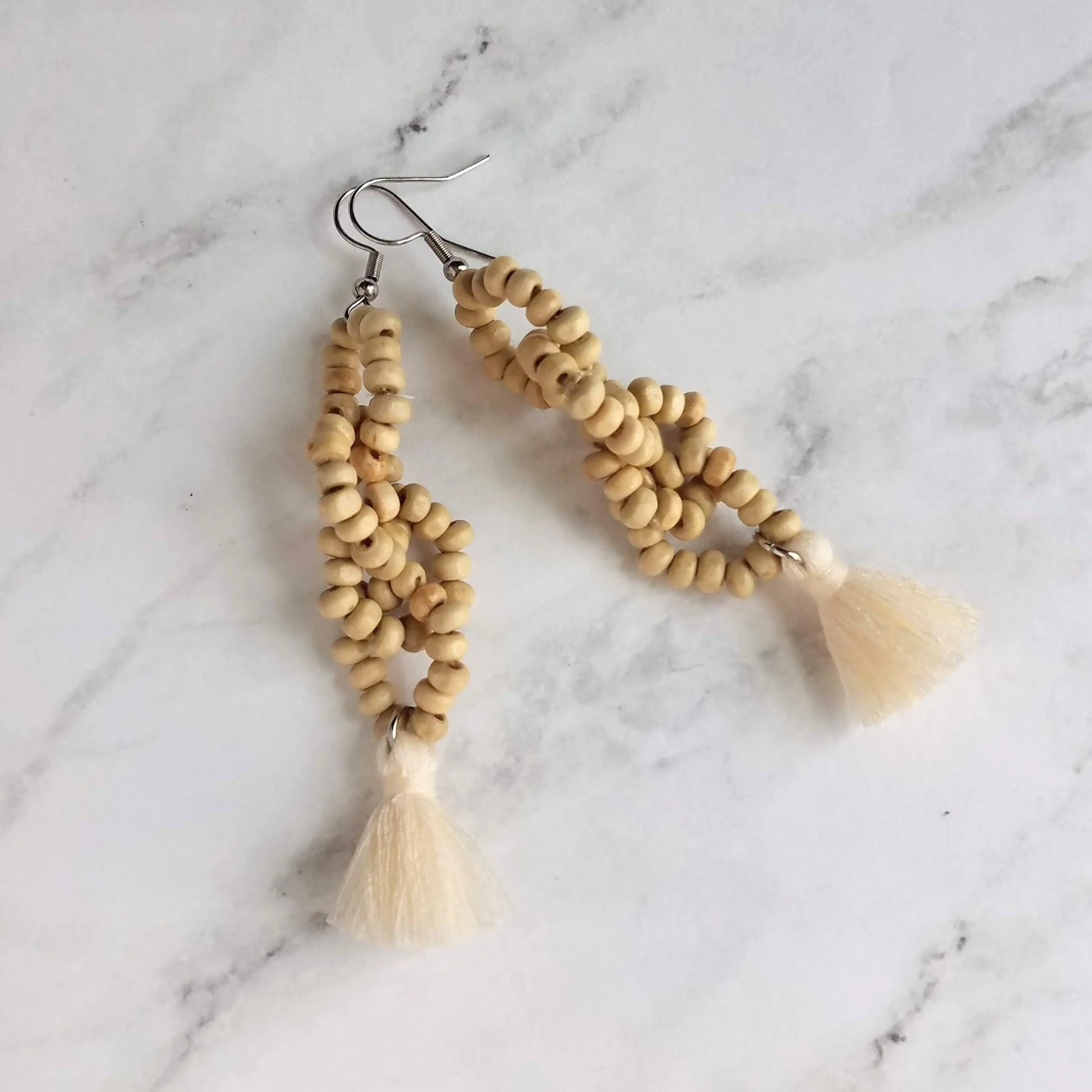 Beaded Tassel Earrings, wood bead earring, natural color wooden bead earring, connected loops, hypoallergenic stainless steel, tropical