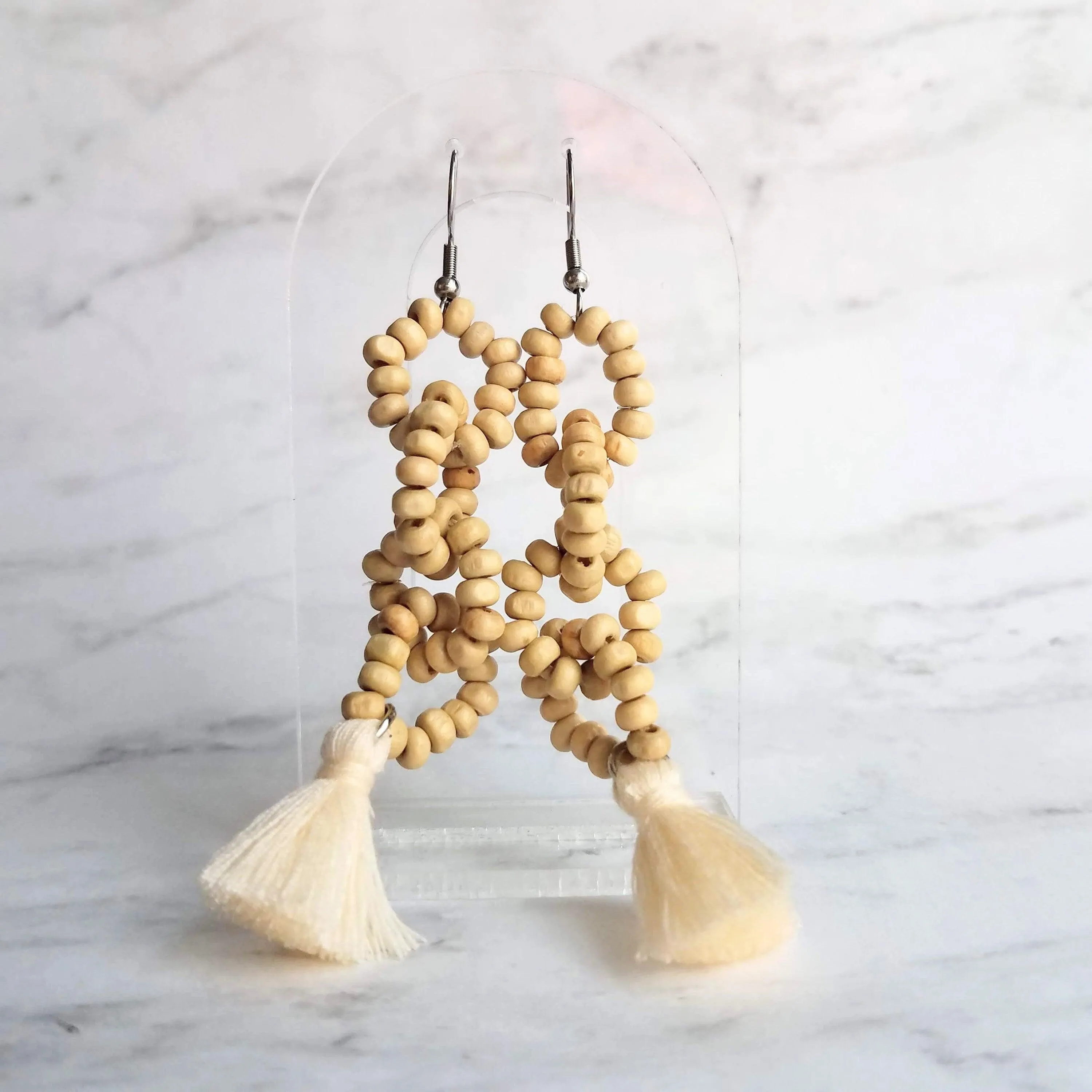 Beaded Tassel Earrings, wood bead earring, natural color wooden bead earring, connected loops, hypoallergenic stainless steel, tropical