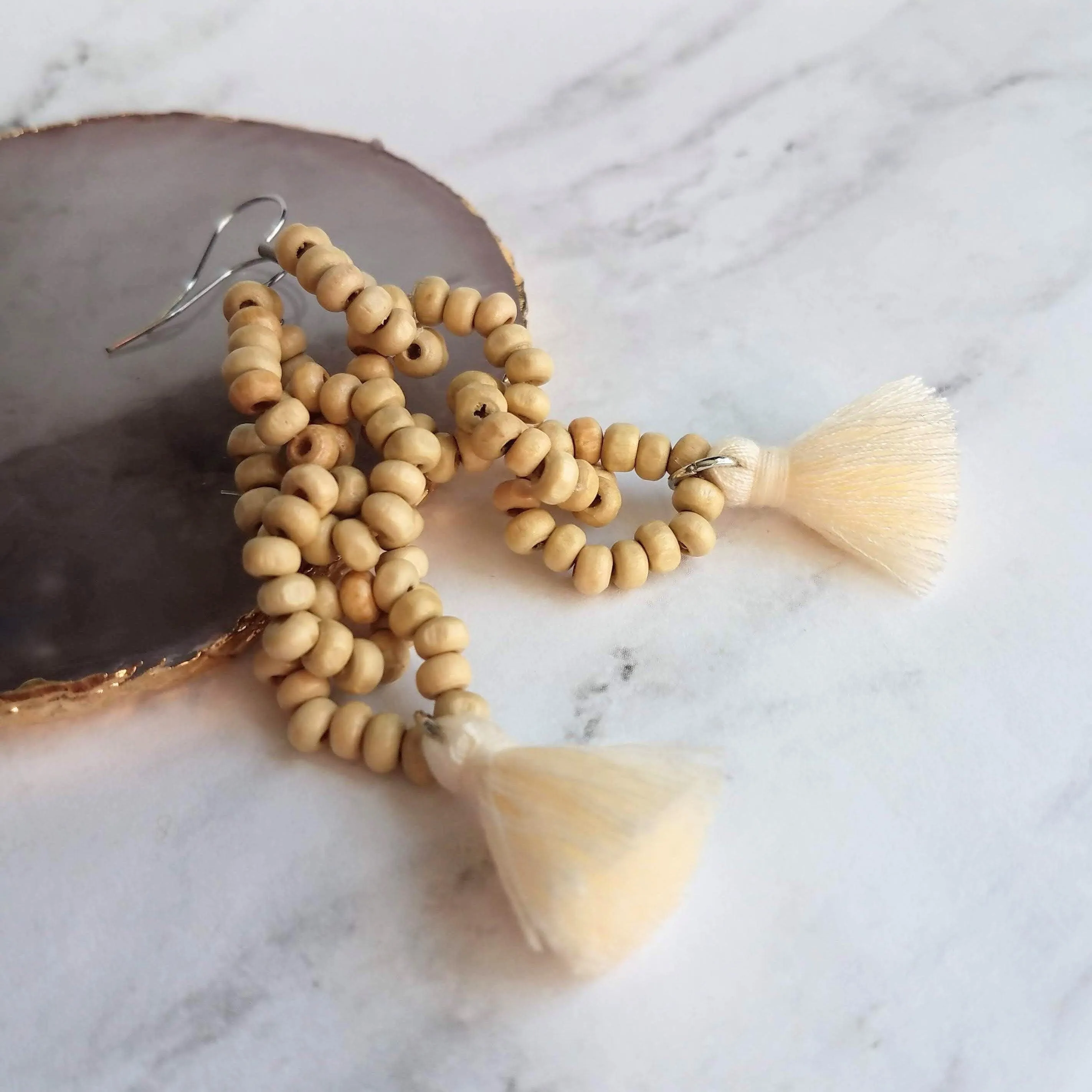 Beaded Tassel Earrings, wood bead earring, natural color wooden bead earring, connected loops, hypoallergenic stainless steel, tropical