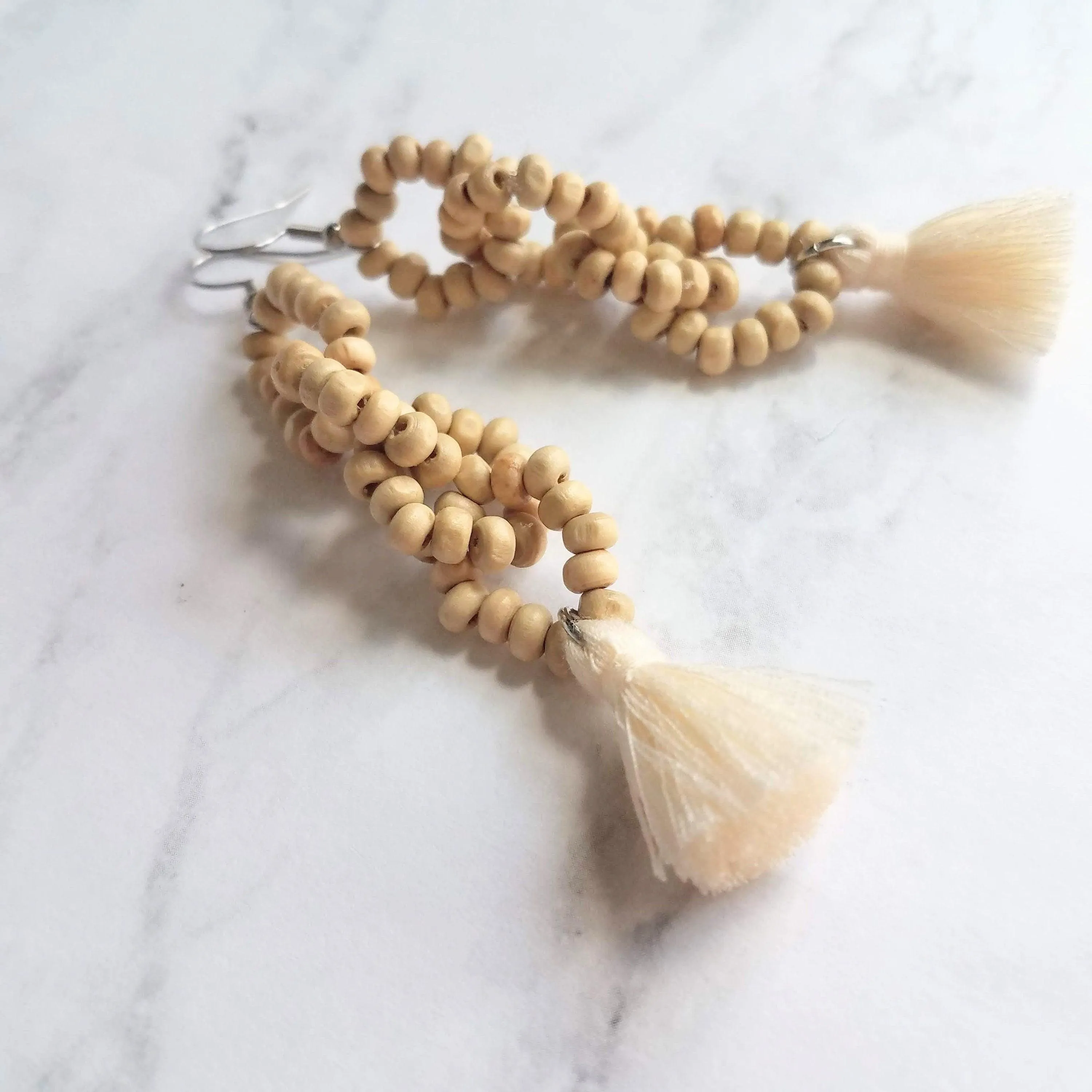Beaded Tassel Earrings, wood bead earring, natural color wooden bead earring, connected loops, hypoallergenic stainless steel, tropical