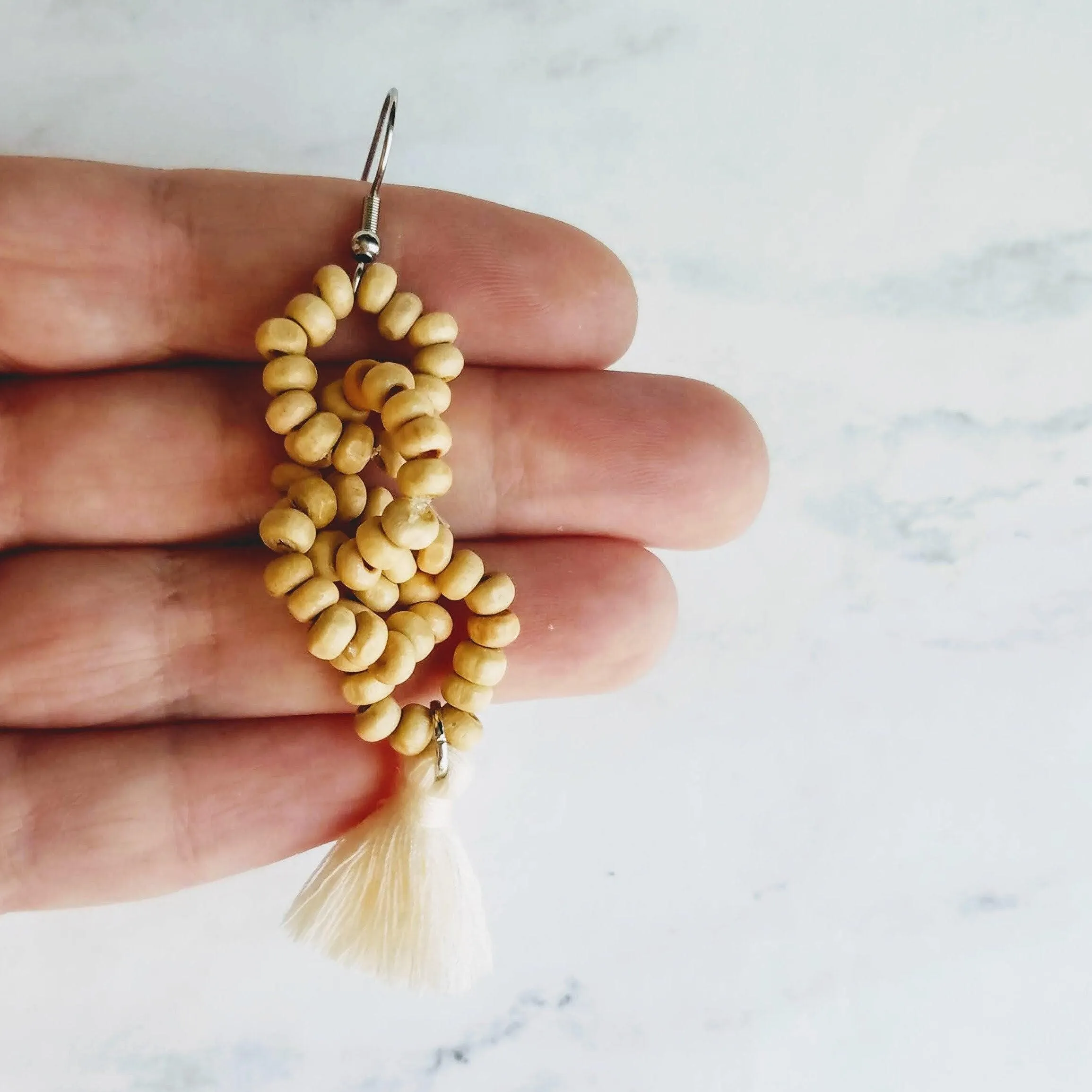 Beaded Tassel Earrings, wood bead earring, natural color wooden bead earring, connected loops, hypoallergenic stainless steel, tropical