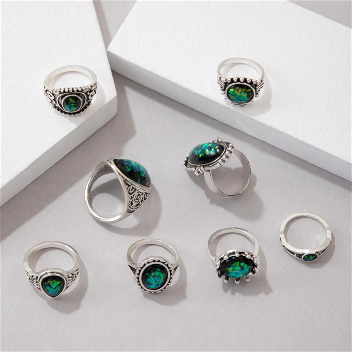 Black & Silver-Plated Long Oval Ring Set