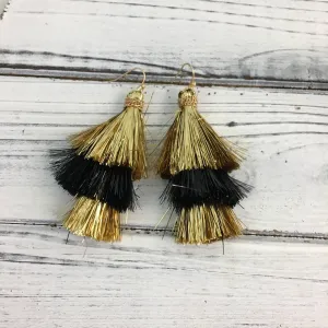 Black and gold tinsel tassel earrings