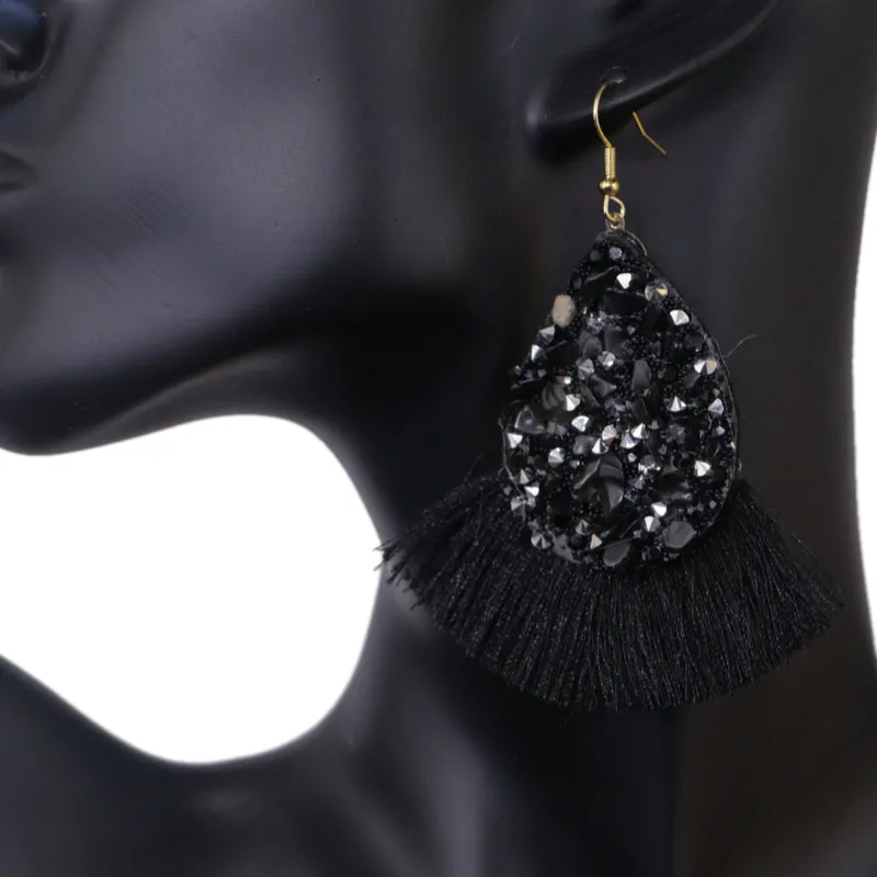 Black Beaded Teardrop Tassel Earrings