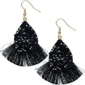 Black Beaded Teardrop Tassel Earrings