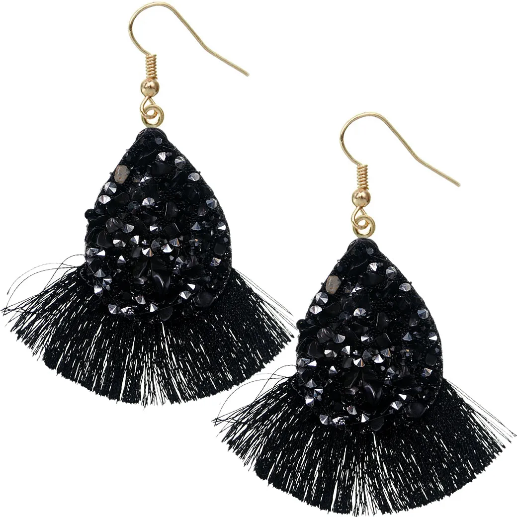 Black Beaded Teardrop Tassel Earrings