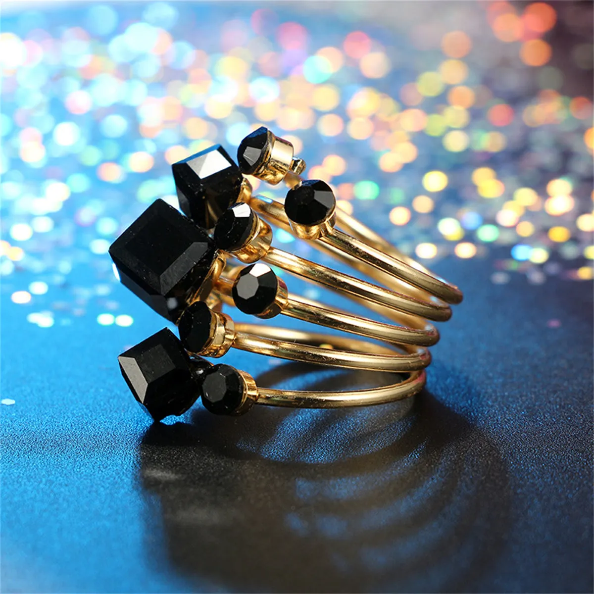 Black Crystal & 18K Gold-Plated Geometric Layered Ring
