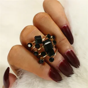Black Crystal & 18K Gold-Plated Geometric Layered Ring