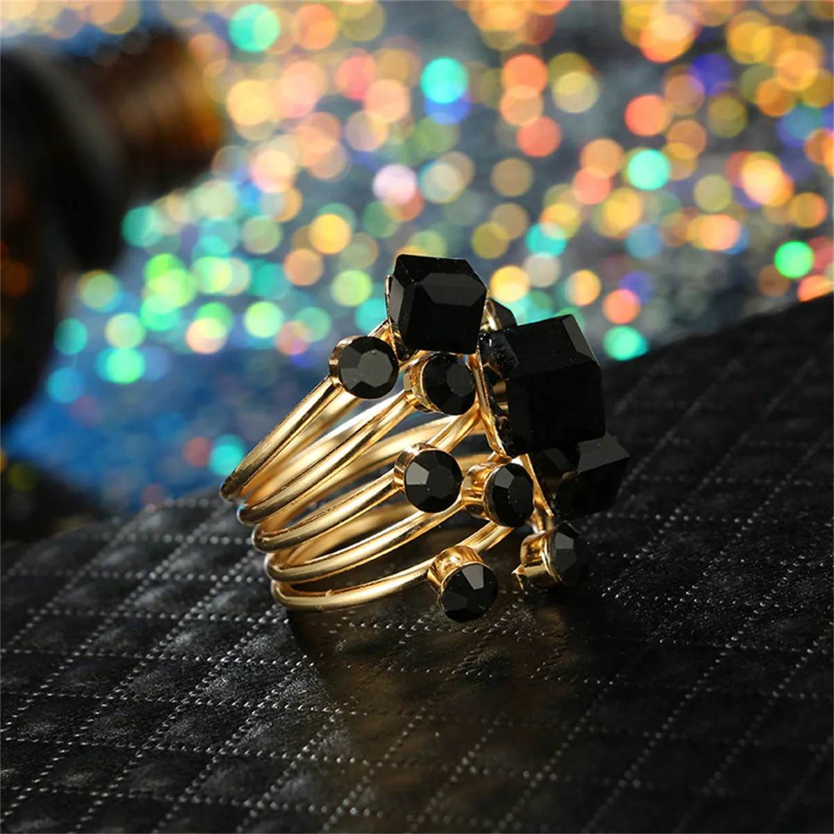 Black Crystal & 18K Gold-Plated Geometric Layered Ring