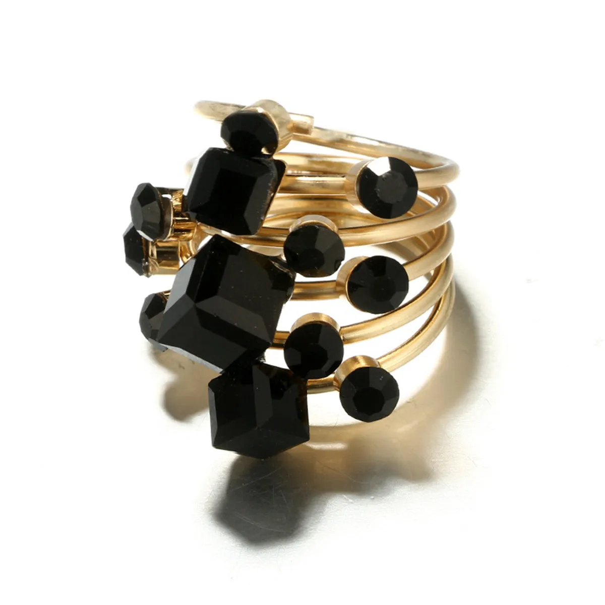 Black Crystal & 18K Gold-Plated Geometric Layered Ring