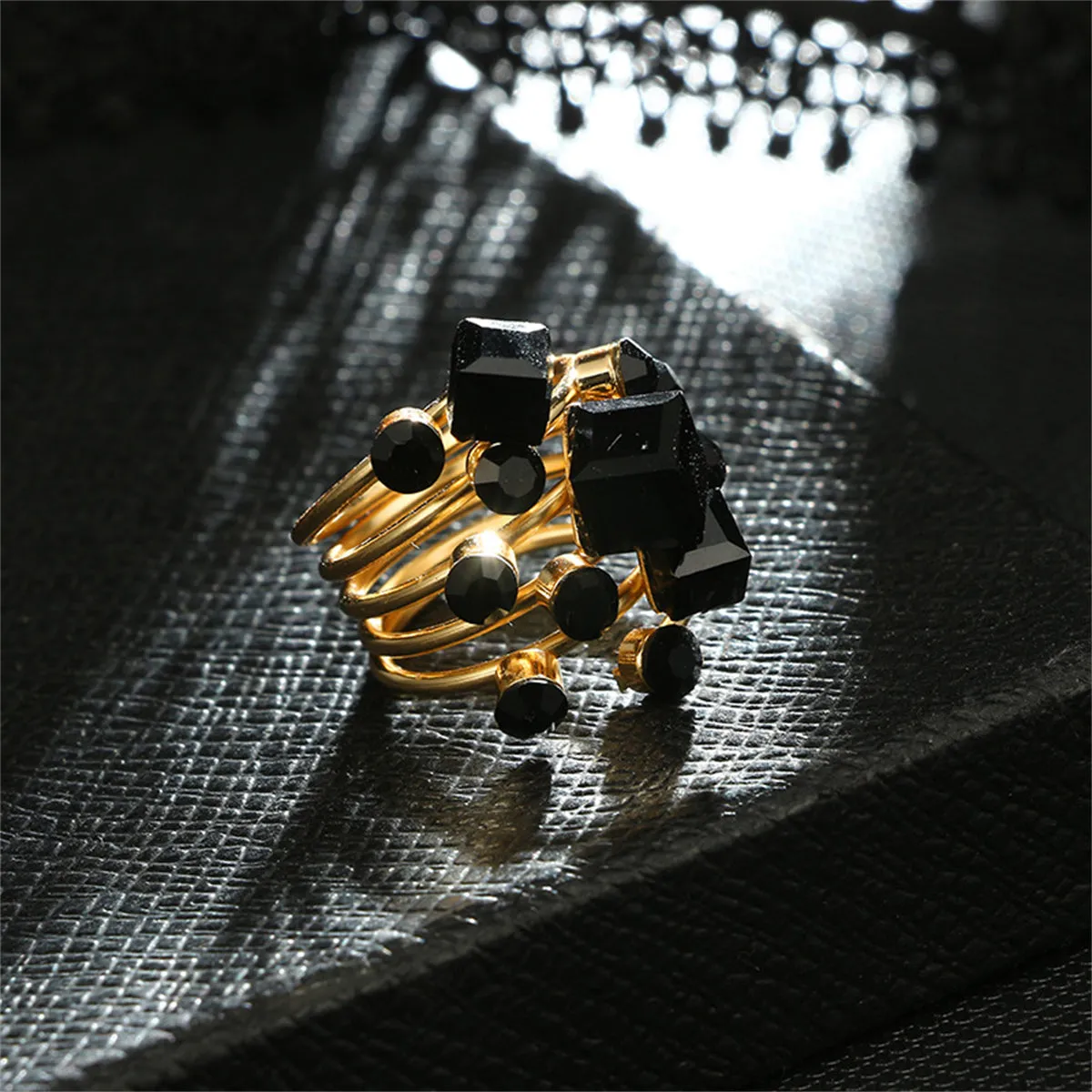 Black Crystal & 18K Gold-Plated Geometric Layered Ring