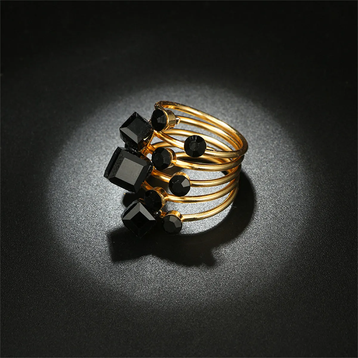 Black Crystal & 18K Gold-Plated Geometric Layered Ring