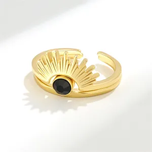Black Cubic Zirconia & 18K Gold-Plated Open Sun Ring Set