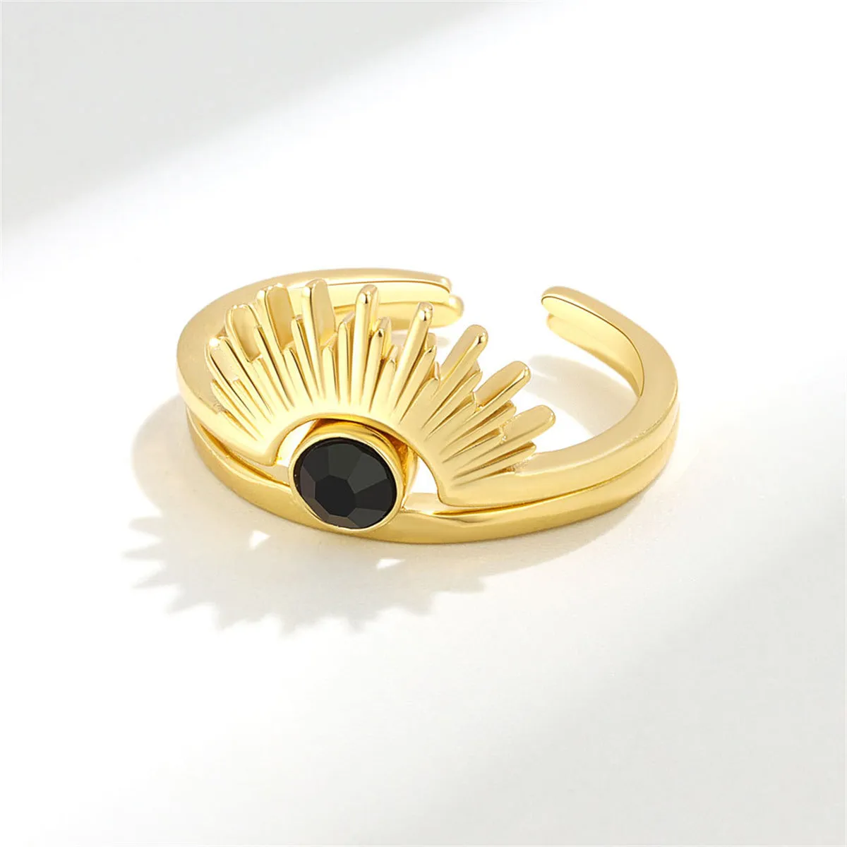 Black Cubic Zirconia & 18K Gold-Plated Open Sun Ring Set
