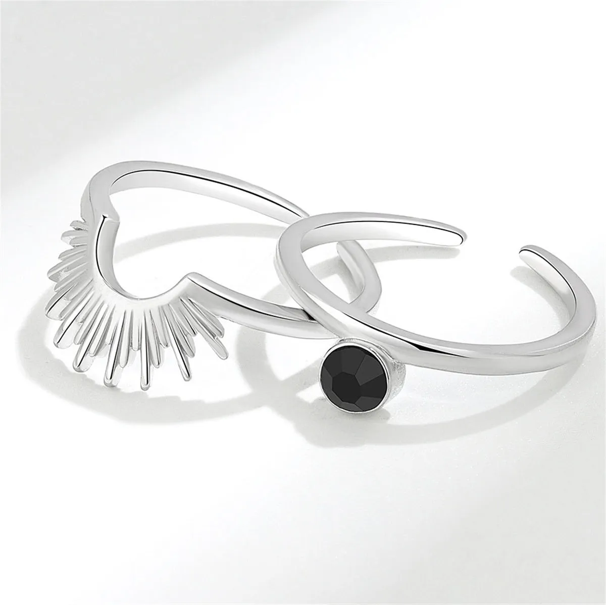Black Cubic Zirconia & Silver-Plated Sun Ring - Set Of Two