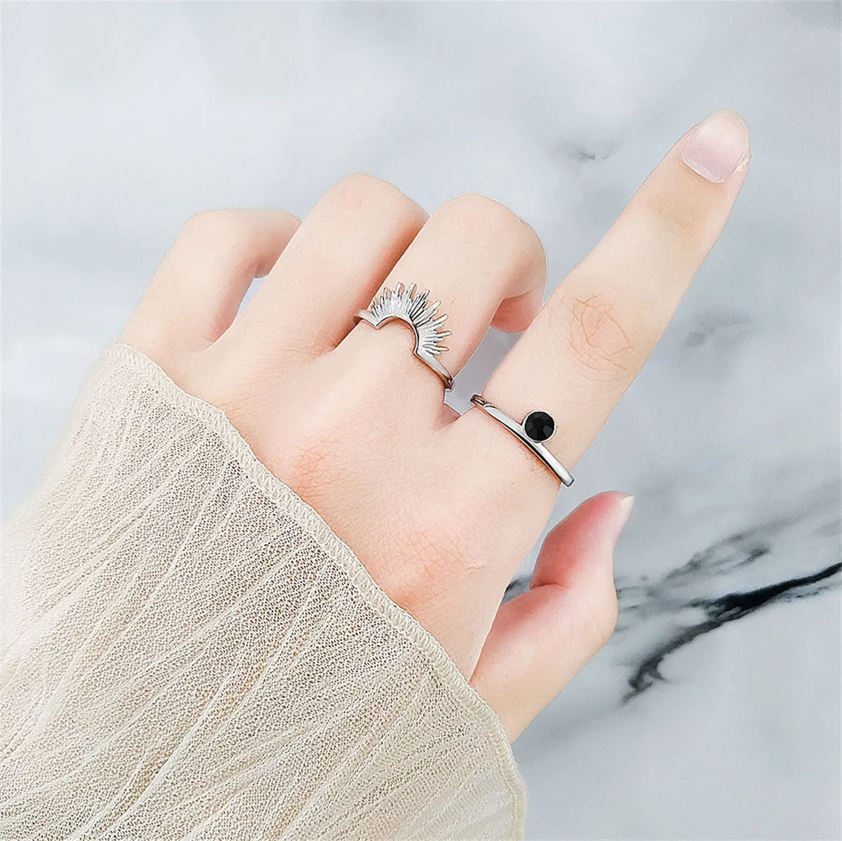 Black Cubic Zirconia & Silver-Plated Sun Ring - Set Of Two