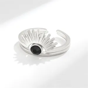 Black Cubic Zirconia & Silver-Plated Sun Ring - Set Of Two