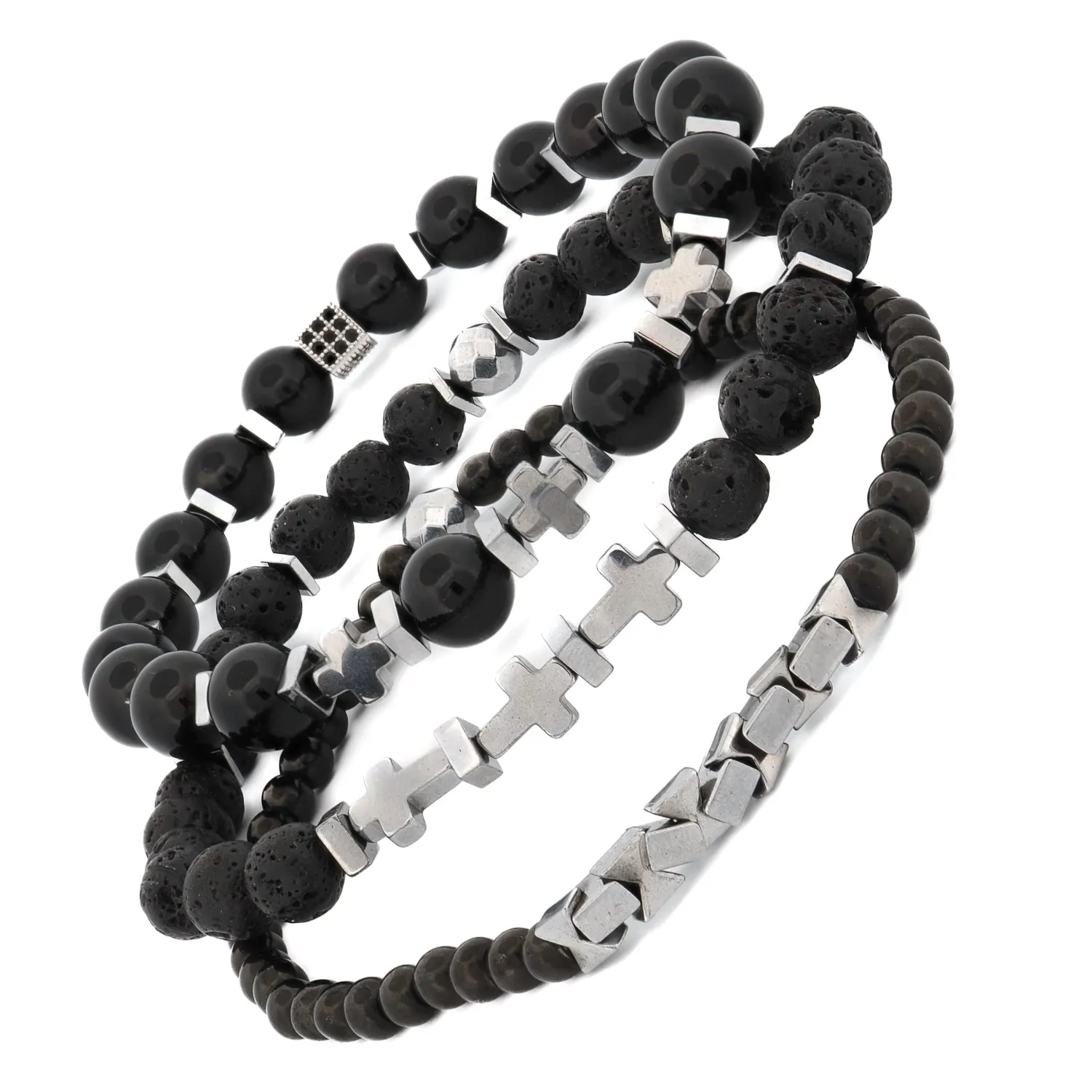 Black Gemstone & Hematite Power Trio Bracelet Set