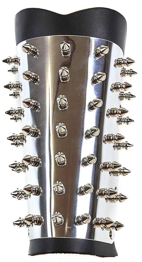 Black leather 7 row w/ silver metal spiked armband gauntlet