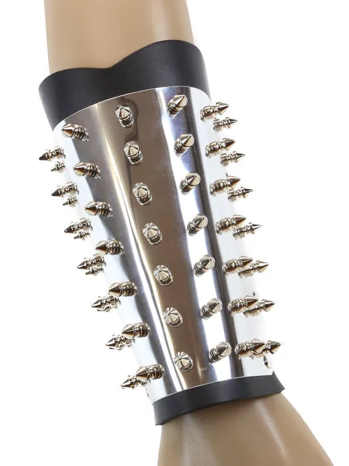 Black leather 7 row w/ silver metal spiked armband gauntlet