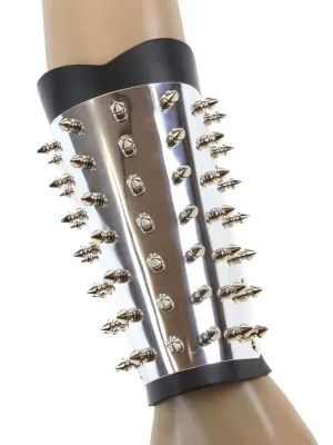 Black leather 7 row w/ silver metal spiked armband gauntlet