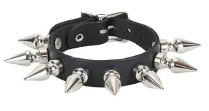 Black leather bracelet w/ 1 row of 1" silver spikes